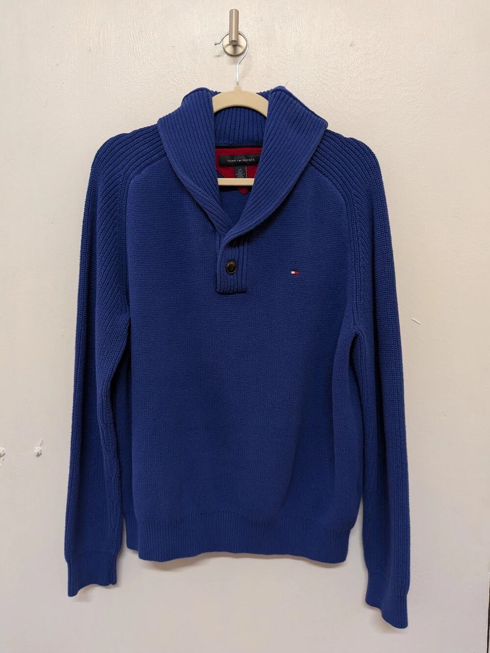 Tommy Hilfiger Shawl Collar Button Sweater In Blue, Size L